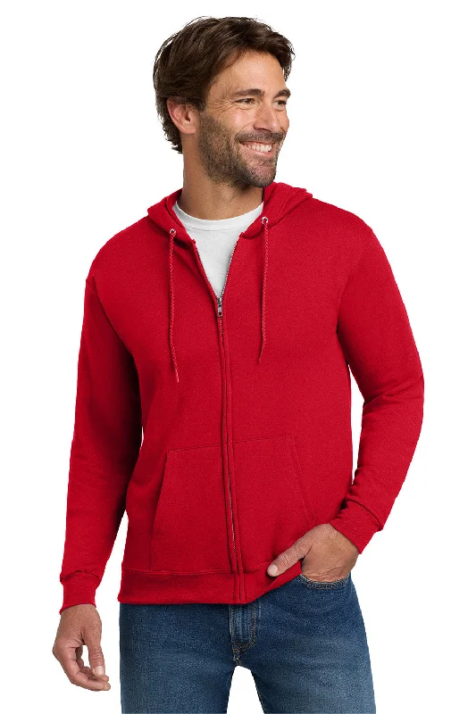 Men's relaxed fit hoodie-Hanes Mens EcoSmart Print Pro XP Pill Resistant Full Zip Hooded Sweatshirt Hoodie w/ Pockets - Deep Red