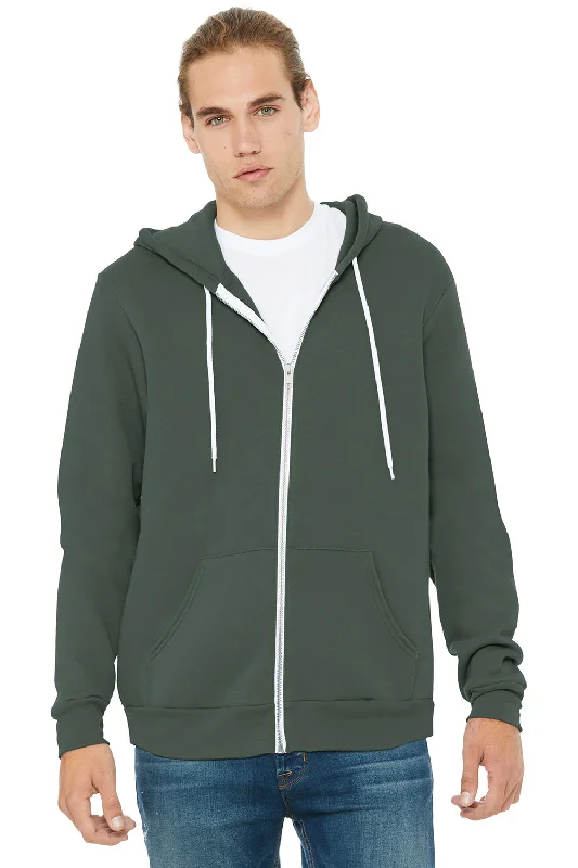 Men's performance hoodie-Bella + Canvas Mens Fleece Full Zip Hooded Sweatshirt Hoodie w/ Pockets - Military Green