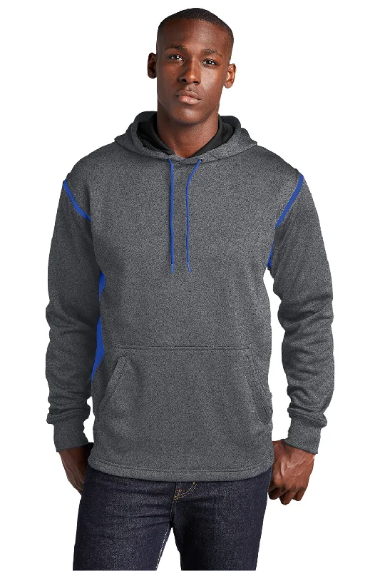 Men's sporty hoodie-Sport-Tek Mens Tech Moisture Wicking Fleece Hooded Sweatshirt Hoodie w/ Pouch Pocket - Heather Graphite Grey/True Royal Blue