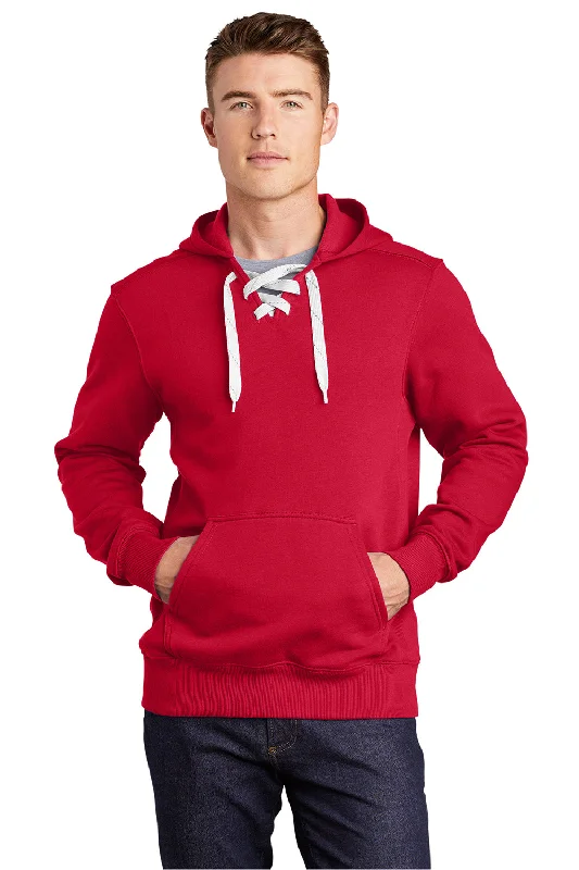 Men's sustainable hoodie-Sport-Tek Mens Lace Up Fleece Hooded Sweatshirt Hoodie w/ Pouch Pocket - Deep Red