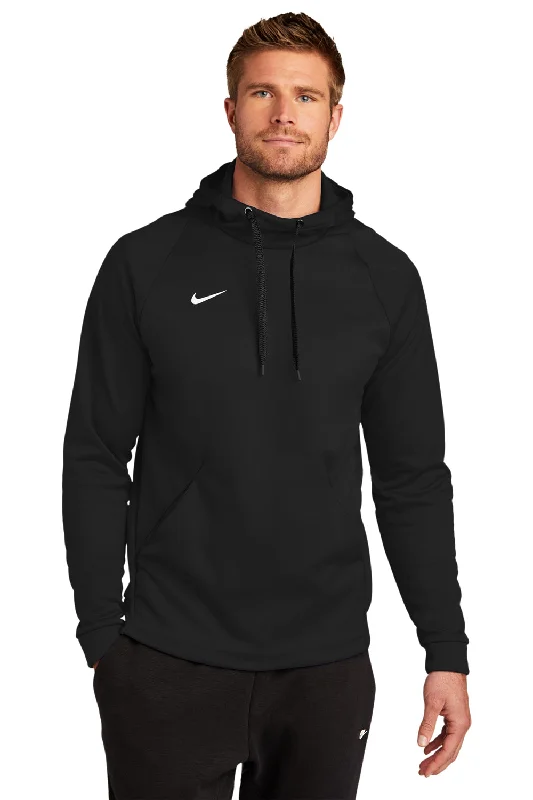 Men's tech-inspired hoodie-Nike Mens Therma-Fit Moisture Wicking Fleece Hooded Sweatshirt Hoodie w/ Pouch Pocket - Team Black