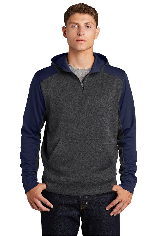 Men's eco-conscious hoodie-Sport-Tek Mens Tech Moisture Wicking Fleece 1/4 Zip Hooded Sweatshirt Hoodie w/ Patch Pocket - Heather Graphite Grey/True Navy Blue