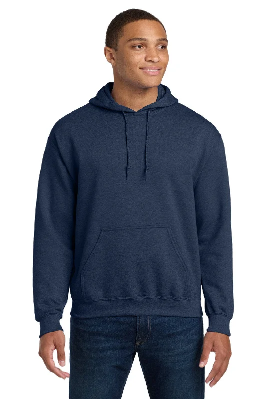 Men's relaxed fit hoodie-Gildan Mens Pill Resistant Hooded Sweatshirt Hoodie w/ Pouch Pocket - Heather Dark Navy Blue