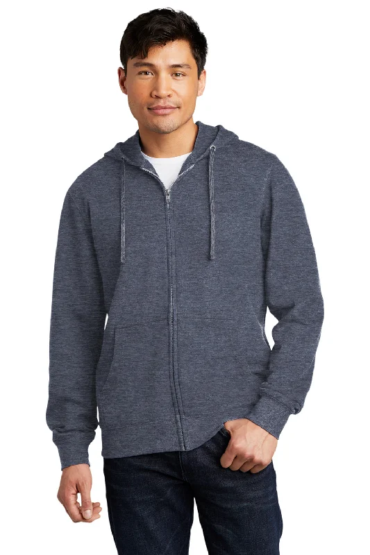 Men's breathable hoodie-District Mens Very Important Fleece Full Zip Hooded Sweatshirt Hoodie w/ Pockets - Heather Navy Blue