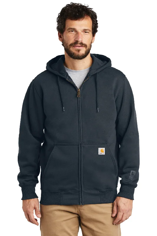 Men's sporty hoodie-Carhartt Mens Paxton Rain Defender Water Resistant Full Zip Hooded Sweatshirt Hoodie w/ Pockets - Navy Blue