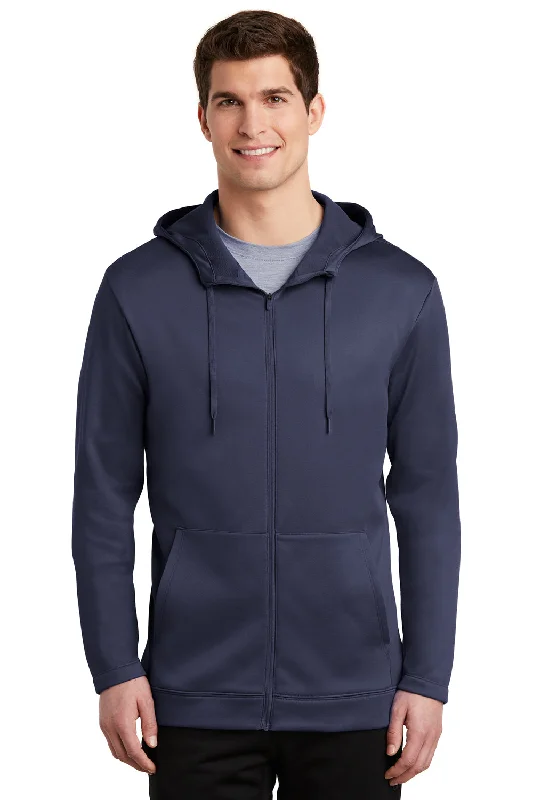 Men's naturally breathable hoodie-Nike Mens Therma-Fit Moisture Wicking Fleece Full Zip Hooded Sweatshirt Hoodie w/ Pockets - Midnight Navy Blue