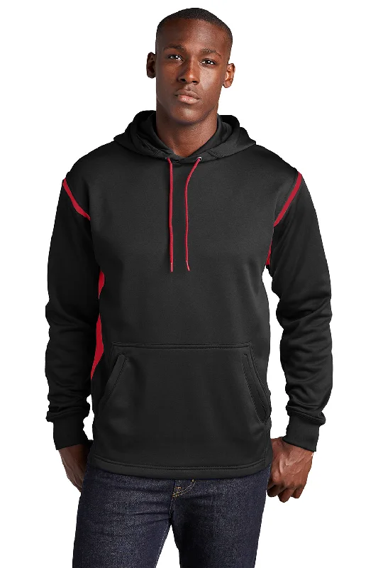 Men's summer hoodie-Sport-Tek Mens Tech Moisture Wicking Fleece Hooded Sweatshirt Hoodie w/ Pouch Pocket - Black/True Red