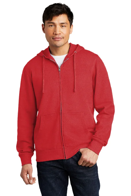 Men's comfortable hoodie-District Mens Very Important Fleece Full Zip Hooded Sweatshirt Hoodie w/ Pockets - Classic Red