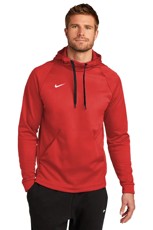 Men's sustainable hoodie-Nike Mens Therma-Fit Moisture Wicking Fleece Hooded Sweatshirt Hoodie w/ Pouch Pocket - Team Scarlet Red