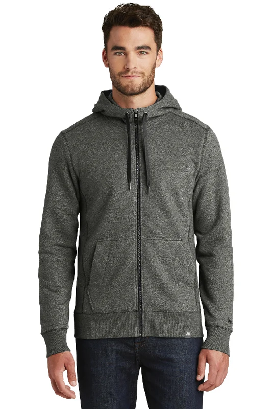 Men's tech-fabric hoodie-New Era Mens Sueded French Terry Full Zip Hooded Sweatshirt Hoodie w/ Pockets - Black Twist