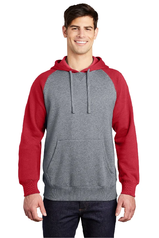 Men's pre-washed hoodie-Sport-Tek Mens Shrink Resistant Fleece Hooded Sweatshirt Hoodie w/ Pouch Pocket - Heather Vintage Grey/True Red