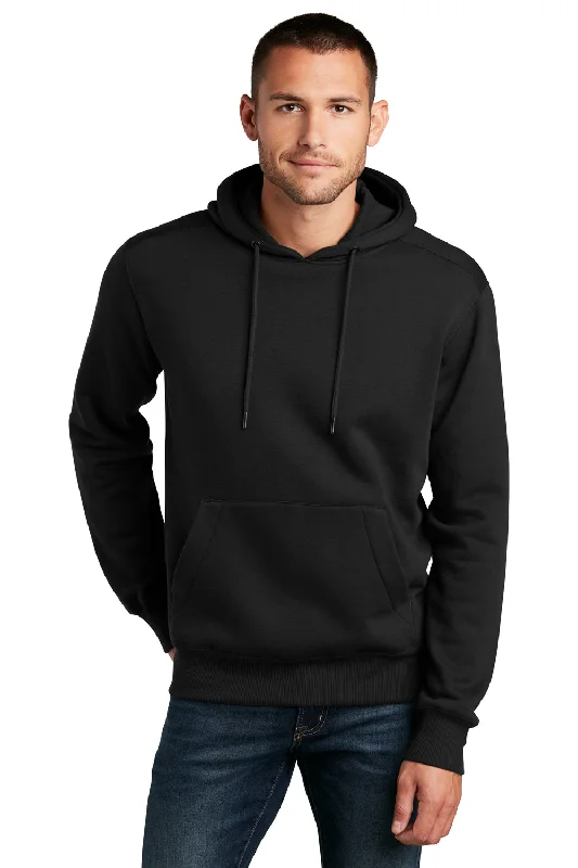 Men's gym-ready hoodie-District Mens Perfect Weight Fleece Hooded Sweatshirt Hoodie w/ Pouch Pocket - Jet Black