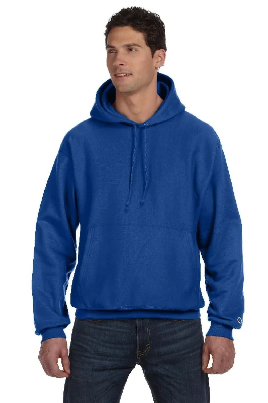 Men's sporty hoodie-Champion Mens Shrink Resistant Hooded Sweatshirt Hoodie w/ Pouch Pocket - Athletic Royal Blue