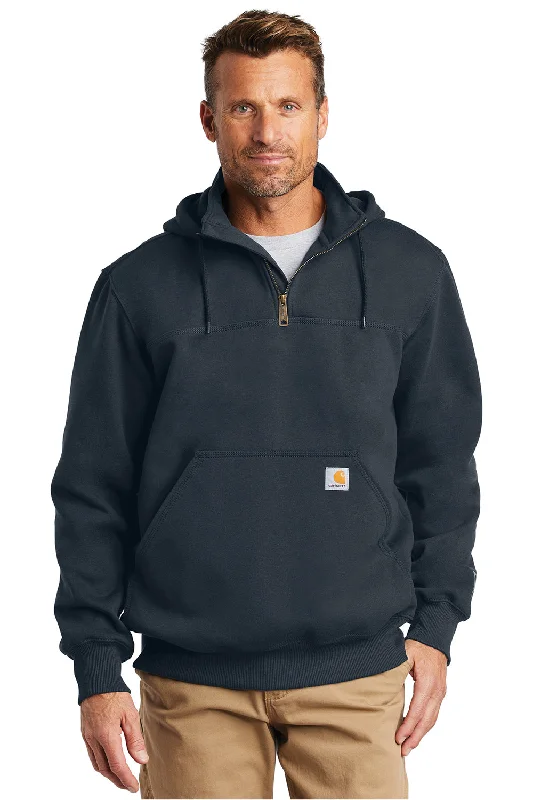 Men's pre-washed hoodie-Carhartt Mens Paxton Rain Defender Water Resistant 1/4 Zip Hooded Sweatshirt Hoodie w/ Pouch Pocket - Navy Blue