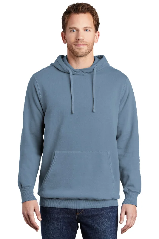 Men's fashionable hoodie-Port & Company Mens Beach Wash Fleece Hooded Sweatshirt Hoodie w/ Pouch Pocket - Denim Blue