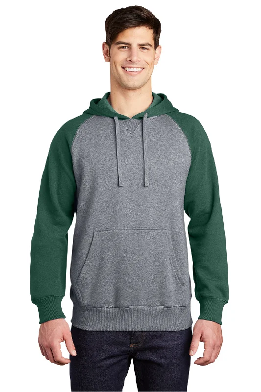 Men's versatile hoodie-Sport-Tek Mens Shrink Resistant Fleece Hooded Sweatshirt Hoodie w/ Pouch Pocket - Heather Vintage Grey/Forest Green