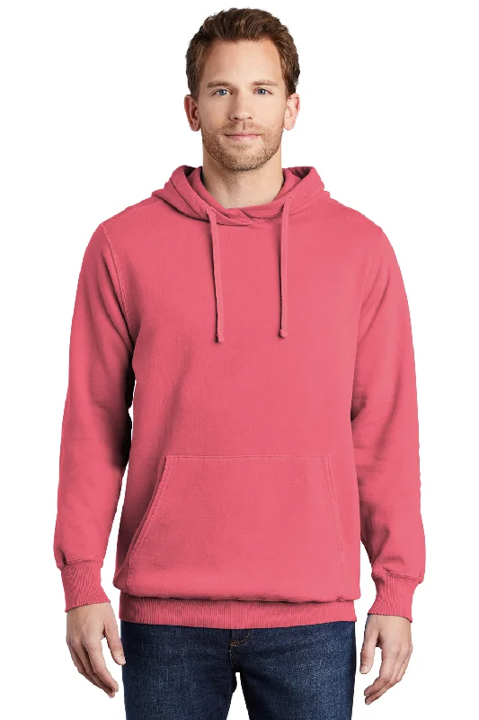 Men's gym-ready hoodie-Port & Company Mens Beach Wash Fleece Hooded Sweatshirt Hoodie w/ Pouch Pocket - Fruit Punch Pink