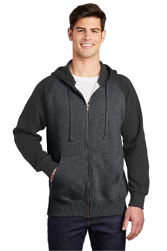 Men's tech-fabric hoodie-Sport-Tek Mens Shrink Resistant Fleece Full Zip Hooded Sweatshirt Hoodie w/ Pockets - Heather Graphite Grey/Black