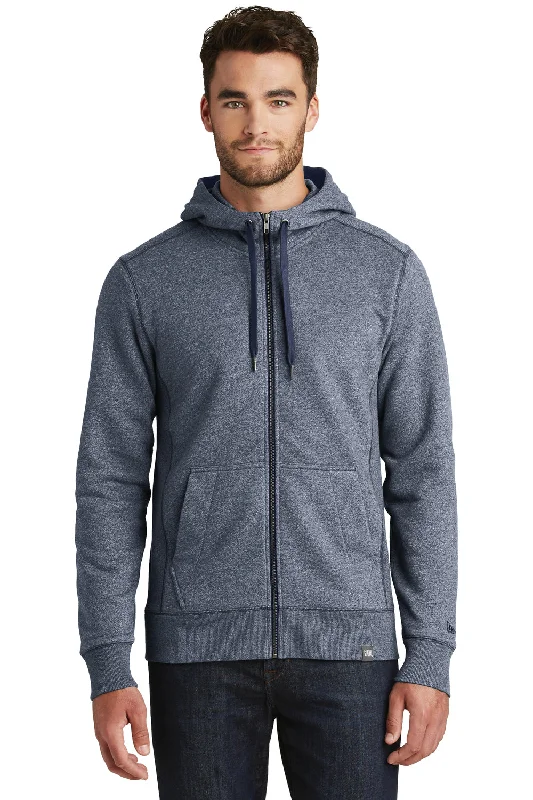 Men's summer hoodie-New Era Mens Sueded French Terry Full Zip Hooded Sweatshirt Hoodie w/ Pockets - Navy Blue Twist