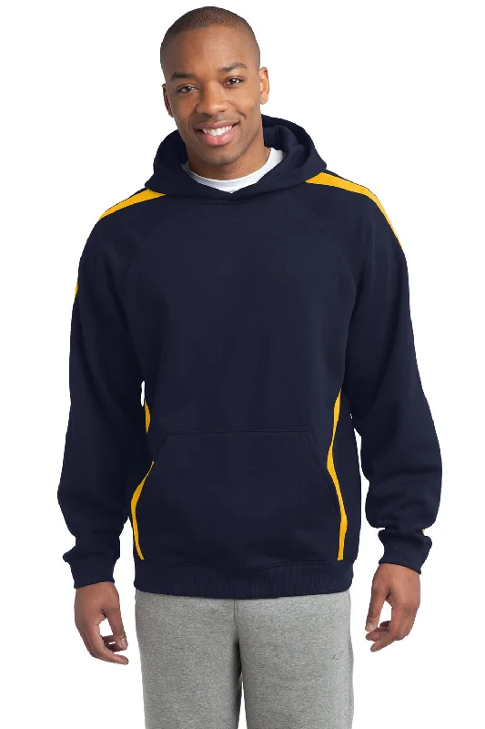 Men's adventure-ready hoodie-Sport-Tek Mens Shrink Resistant Fleece Hooded Sweatshirt Hoodie w/ Pouch Pocket - True Navy Blue/Gold - Closeout