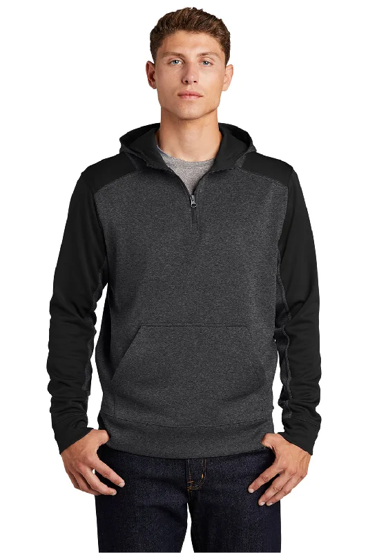 Men's comfortable hoodie-Sport-Tek Mens Tech Moisture Wicking Fleece 1/4 Zip Hooded Sweatshirt Hoodie w/ Patch Pocket - Heather Graphite Grey/Black