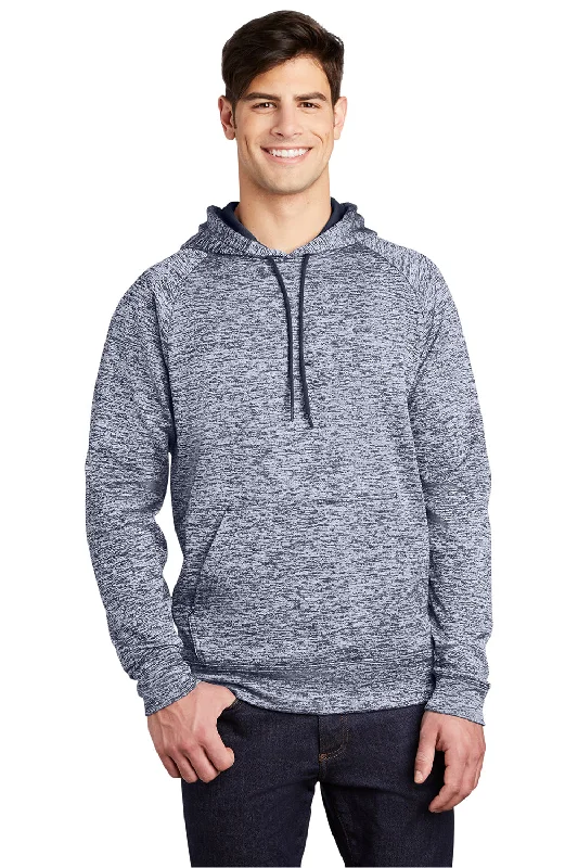 Men's gym performance hoodie-Sport-Tek Mens Electric Heather Moisture Wicking Fleece Hooded Sweatshirt Hoodie w/ Pouch Pocket - True Navy Blue Electric