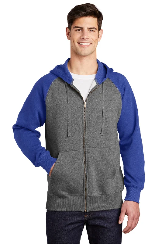 Men's ultra-light hoodie-Sport-Tek Mens Shrink Resistant Fleece Full Zip Hooded Sweatshirt Hoodie w/ Pockets - Heather Vintage Grey/True Royal Blue