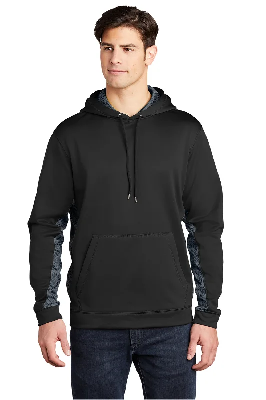 Men's fashion-forward hoodie-Sport-Tek Mens Sport-Wick CamoHex Moisture Wicking Fleece Hooded Sweatshirt Hoodie w/ Pouch Pocket - Black/Dark Smoke Grey