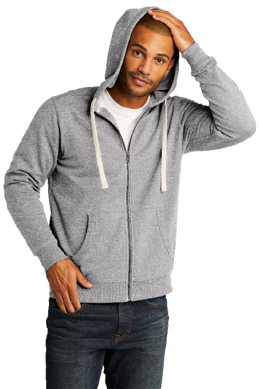 Men's versatile hoodie-District Mens Re-Fleece Full Zip Hooded Sweatshirt Hoodie w/ Pockets - Heather Light Grey