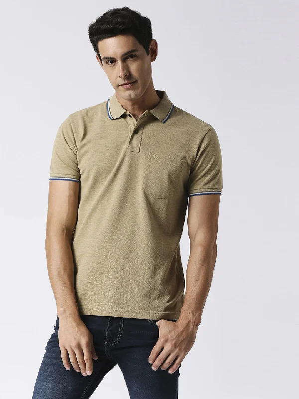 Men's lightweight dress polo shirt-Light Olive Melange Pique Polo With Pocket