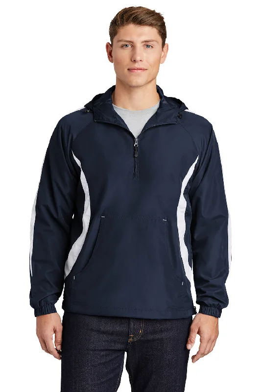 Men's performance trench coat-Sport-Tek Mens 1/4 Zip Hooded Jacket - True Navy Blue/White