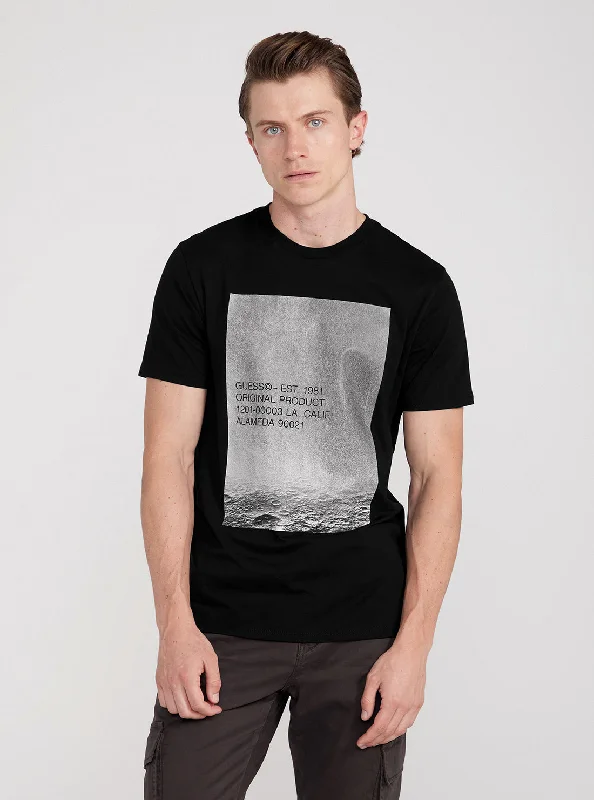 Men's longline t-shirt-Black Moon Print Short Sleeve T-Shirt