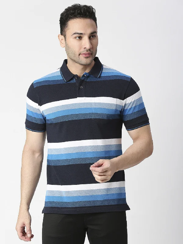 Men's relaxed fit travel polo shirt-Navy Blue Striped Pique Polo T-shirt With Pocket