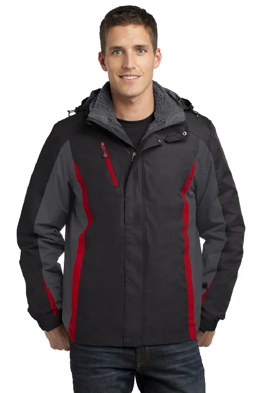 Men's comfortable utility jacket-Port Authority Mens 3-in-1 Wind & Water Resistant Full Zip Hooded Jacket - Black/Magnet Grey/Signal Red