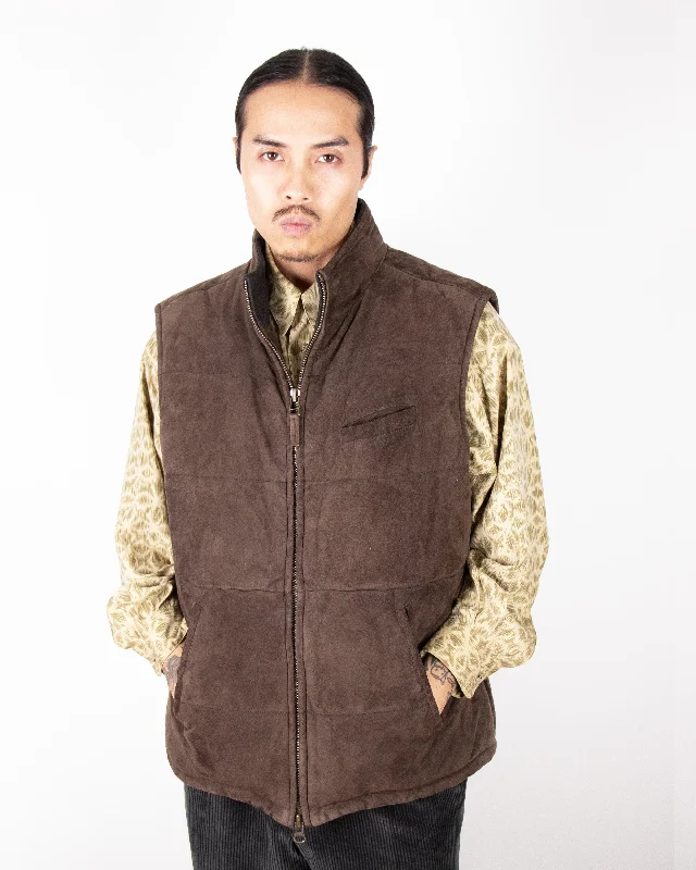 Men's fashion-forward anorak-2000s Brown Quilted Suede Hunting Vest XL