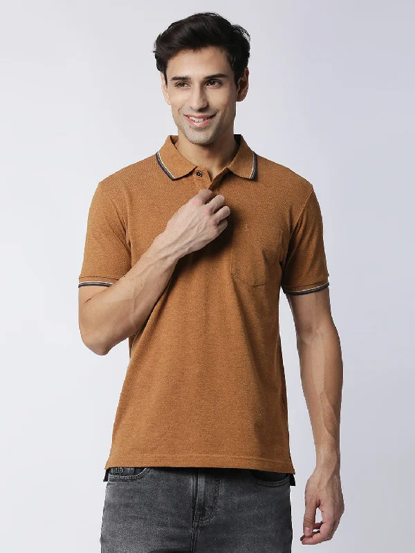 Men's gym-ready casual polo shirt-Light Brown Melange Half Sleeves Pique Polo With Pocket