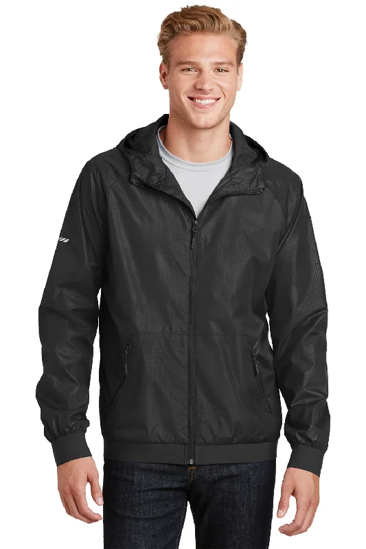 Men's versatile trench coat-Sport-Tek Mens Wind & Water Resistant Full Zip Hooded Jacket - Black - Closeout