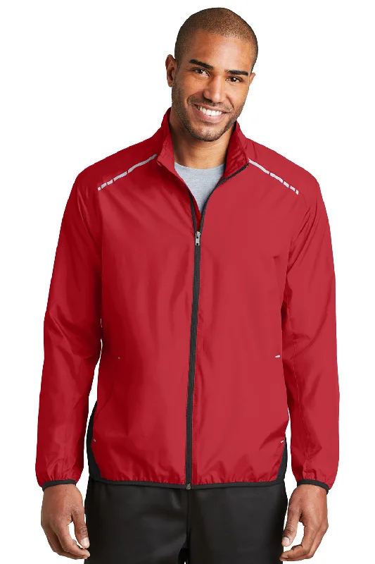 Men's ultra-comfortable softshell-Port Authority Mens Zephyr Reflective Hit Wind & Water Resistant Full Zip Jacket - Rich Red/Deep Black - Closeout