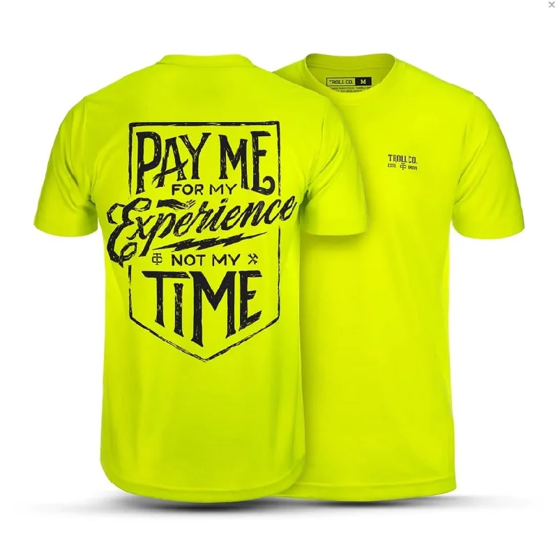 Men's thermoregulating t-shirt-Troll Co. Men's Pay Me Short Sleeve Crewneck T-Shirt_Bright Lime