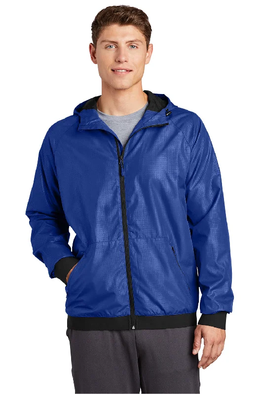 Men's relaxed fit field coat-Sport-Tek Mens Wind & Water Resistant Full Zip Hooded Jacket - True Royal Blue/Black - Closeout