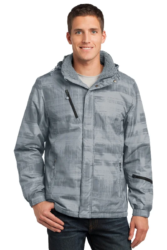 Men's wrinkle-resistant field jacket-Port Authority Mens Brushstroke Wind & Water Resistant Full Zip Hooded Jacket - Grey - Closeout