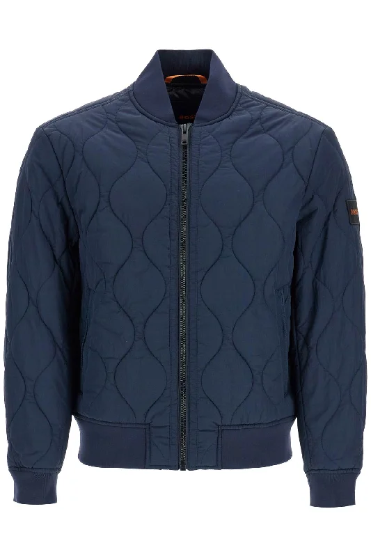 Men's antibacterial leather jacket-Boss Men's  blue Slim Fit Quilted Down Jacket With Wavy Pattern