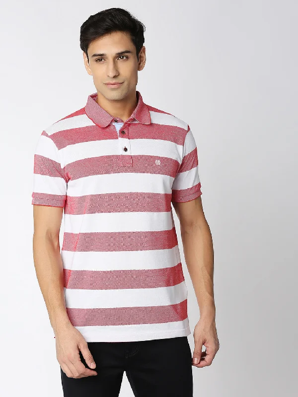 Men's relaxed fit dress polo shirt-Red and White Striped Polo T-shirt