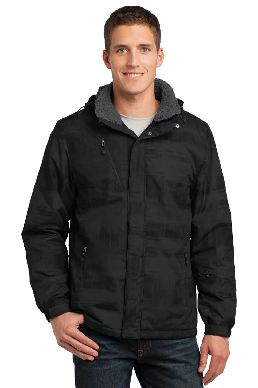 Men's gym-ready trench coat-Port Authority Mens Brushstroke Wind & Water Resistant Full Zip Hooded Jacket - Black - Closeout