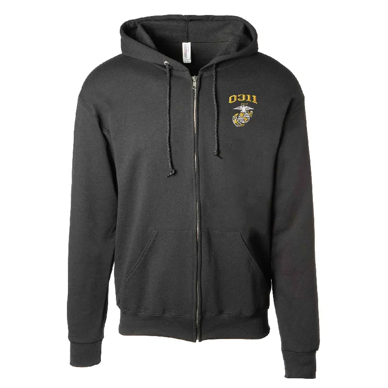 Men's organic hoodie-USMC Personalized MOS Embroidered Full Zip Hoodie - Black