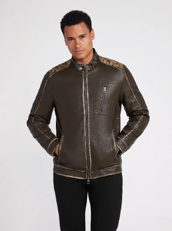 Men's versatile rain jacket-Dark Brown Washed Leather Jacket