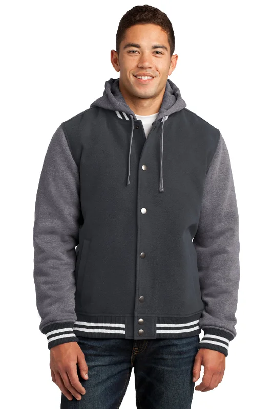 Men's breathable utility coat-Sport-Tek Mens Snap Down Hooded Letterman Jacket - Graphite Grey/Heather Vintage Grey/White - Closeout