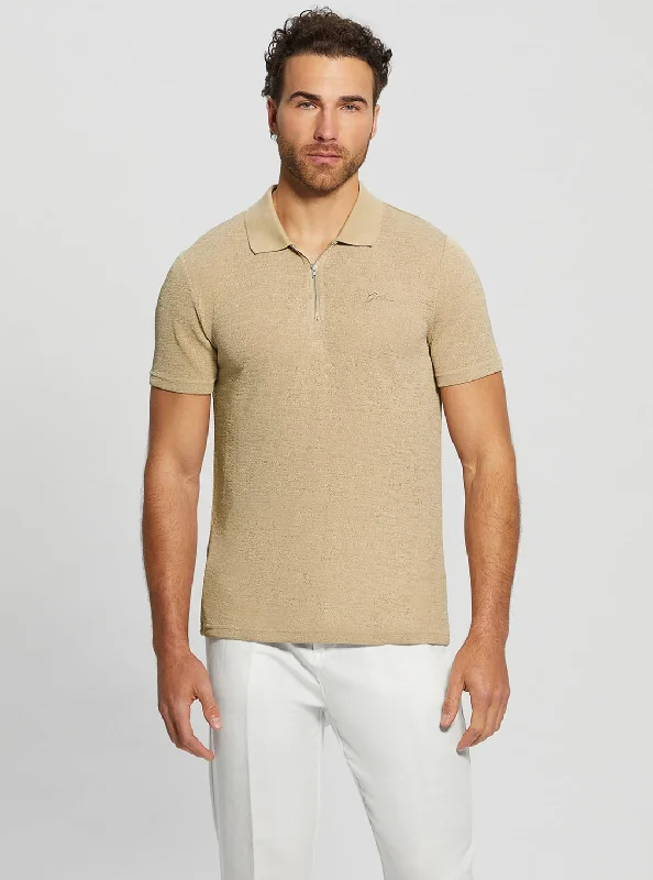 Men's seamless t-shirt-Beige Gauze Jersey Polo T-Shirt