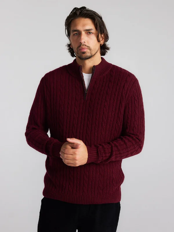 Men's sustainable sweater-Mens Cashmere Cable 1/4 Zip Sweater - Shiraz/Charcoal