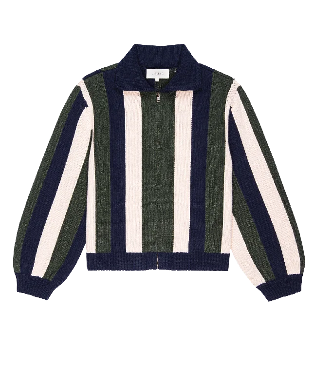 Men's professional knit-The Zip Front Cardigan. -- Olive Vine Stripe